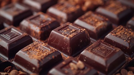 Close-up of stunning dark chocolates, beautifully crafted. World Chocolate Day concept. Sweet...