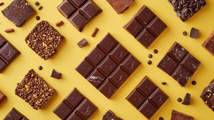 Chocolate, top down shot, yellow background. World Chocolate Day concept. Sweet chocolates perfect...