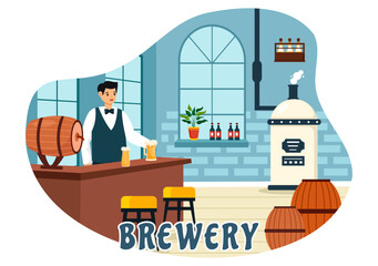 Brewery Production Process Vector Illustration with Beer Tank and Bottle Full of Alcohol Drink for Fermentation in Flat Cartoon Background