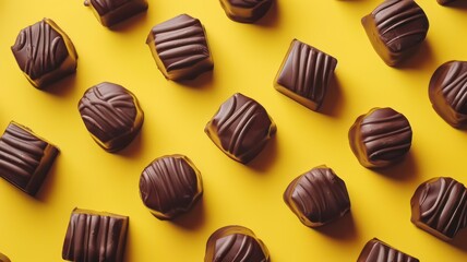 Fototapeta premium Chocolate, top down shot, yellow background. World Chocolate Day concept. Sweet chocolates perfect for valentines day background.