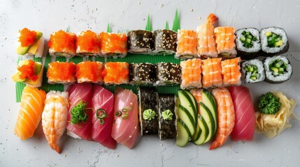 Vibrant sushi assortment, top angle, colorful rolls, sashimi and nigiri, fresh ingredients, sticky rice, seaweed, served with wasabi, ginger, on a plain background, studio lights