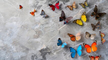 Colorful butterflies on a marble background with copy space for text