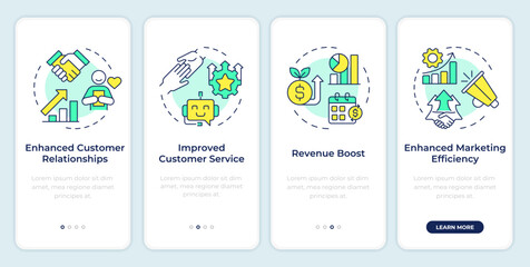 CRM organization onboarding mobile app screen. Walkthrough 4 steps editable graphic instructions with linear concepts. UI, UX, GUI template. Montserrat SemiBold, Regular fonts used