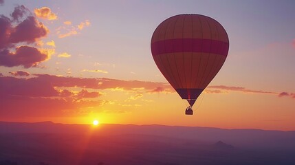 A majestic hot air balloon ascends gracefully into the dawn sky, its vibrant hues reflecting the promise of adventure and new beginnings