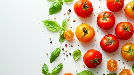 Traditional Italian pasta dish, top angle, featuring vibrant tomatoes and fresh basil, against a clean white backdrop, studio illumination