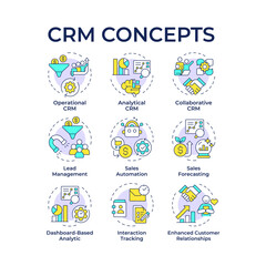 CRM system types multi color concept icons. Customer management, sales automation. Business intelligence. Icon pack. Vector images. Round shape illustrations for infographic. Abstract idea