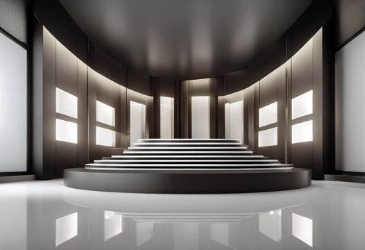 'product Stage bolor modern black podium design splay poduim dais dia interior display exhibition demonstration lighting light spotlight white empty'