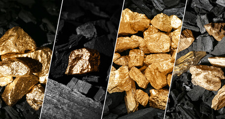 Collage of golden nuggets on black charcoal