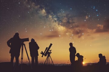 A group of silhouettes gathered on a hilltop, telescopes pointed towards the heavens as they search for distant galaxies and nebulae, Generative AI