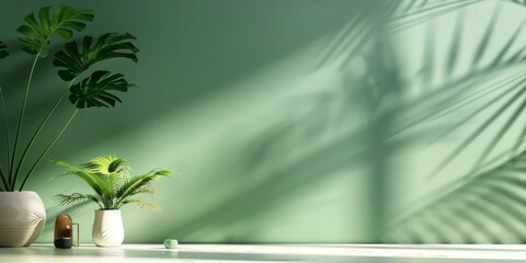 Minimalistic green background with shadows of monstera leaf and palm leaves on the wall, empty table for product presentation. 