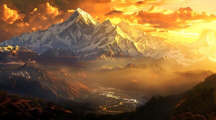A majestic mountain vista, with snow-capped peaks towering over a tranquil valley, while a golden sunset bathes the landscape in warm hues