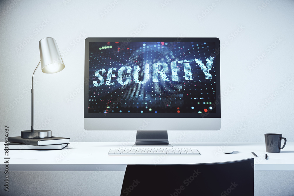 Poster cyber security creative concept on modern laptop monitor. 3d rendering