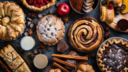 Top shot of rich and flavorful baked goods - chocolate cookies, apple pie, cinnamon rolls, against a pure background