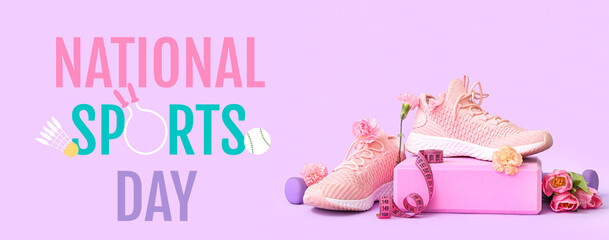 Sneakers with spring flowers, sports equipment and tape measure on lilac background