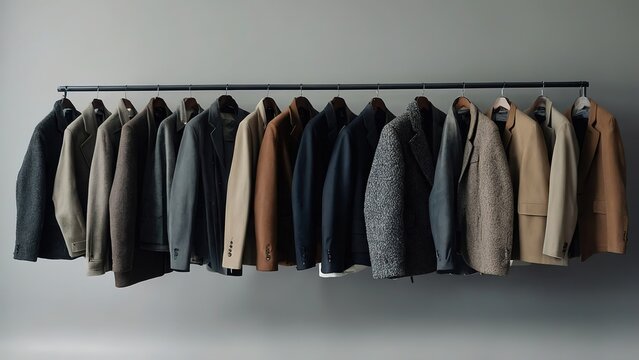 Various coats in neutral colours, arranged in a capsule wardrobe for a modern, luxury man against a white background. assembling chic closets, creating seasonal capsule wardrobes for effortless dressi
