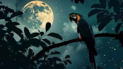 A mesmerizing composition of a parrot silhouetted against the moonlit sky, its vivid colors...