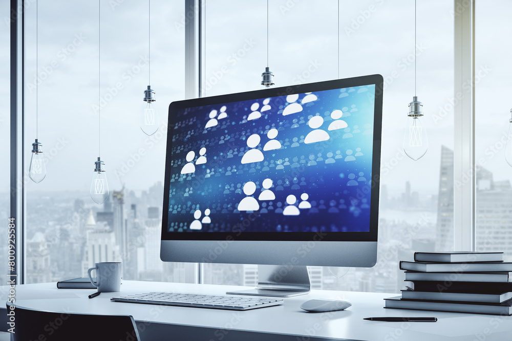 Aufkleber Modern computer monitor with social network icons concept. Marketing and promotion concept. 3D Rendering