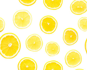 Slices of lemon in different shapes scattered over a transparent background, creating a fresh citrus pattern. Generative AI