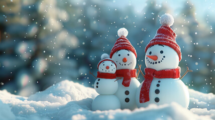 Fototapeta premium A family of 3D snowmen playing in the snow, cartoonish style reminiscent of a children's storybook, joyful winter fun. Ai generated