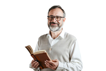 A charismatic  teacher, holding an open book, inspiring learners in a white background
