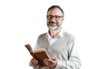 A charismatic  teacher, holding an open book, inspiring learners in a white background