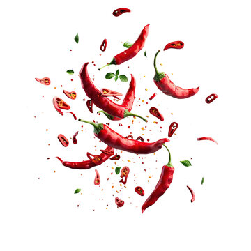 Falling hot chilies, pieces of chili floating on a transparent background