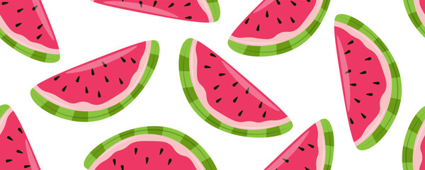 Watermelon seamless pattern. Fresh watermelon slices. White background. Vector illustration.