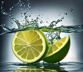 A sliced and entire lemon in water creates a splash. It’s a refreshing sensation.
