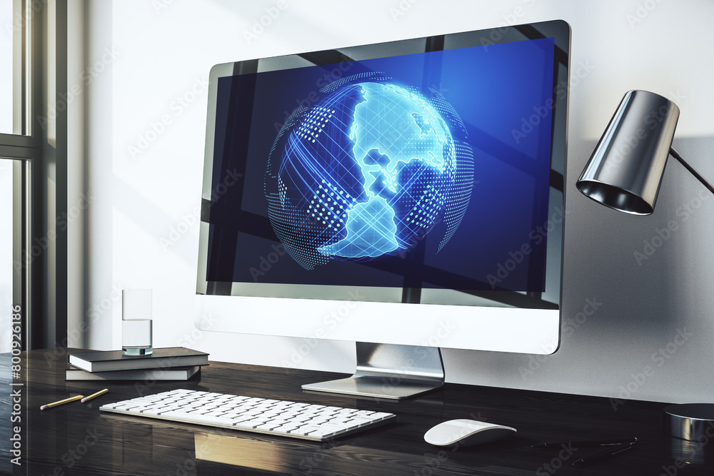 Fototapete modern computer monitor with america map, research and strategy concept. 3d rendering