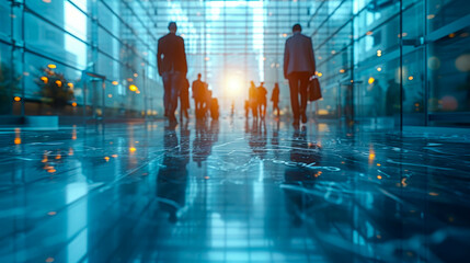 Business people walking in the corridor of a modern office building. Blurred background