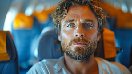 Handsome bearded man traveling by airplane. He is looking at camera and smiling