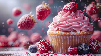 Cupcake with pink frosting and fresh raspberries on a red background