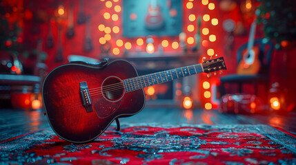 Guitar on a red carpet in the room