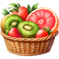 Basket of Fruit, Mixed Fruit, Fresh Fruit Bright Color Watercolor Illustration