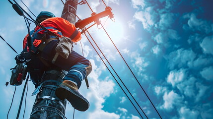 An electrician working and climbing on an electric pole from a low angle