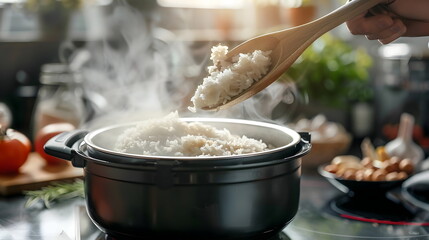 Closeup of freshly cooked rice in a pot being served with a wooden spoon