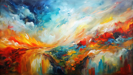 Obraz na płótnie Canvas Beautiful abstract watercolor landscape in orange, blue, and yellow hues capturing a dramatic sunset with wispy clouds