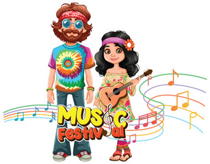 Colorful vector of a hippie couple with musical elements.