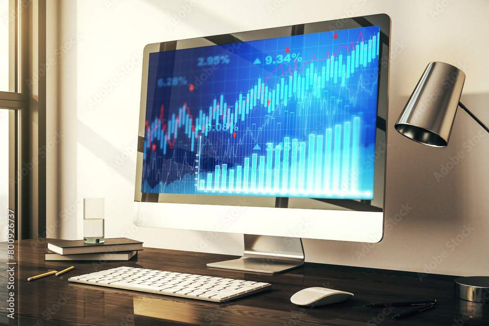 Poster Abstract creative financial diagram on modern computer monitor, banking and accounting concept. 3D Rendering