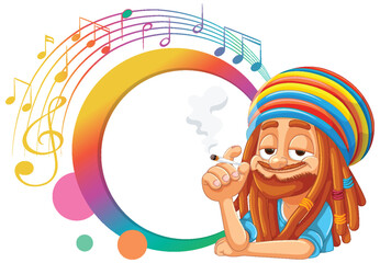 Rasta character enjoying music with colorful background.