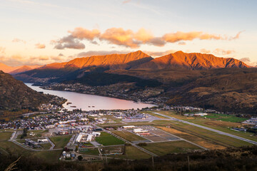 Queenstown aerial view in the morning with Queenstown Airport