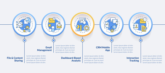 Customer management system benefits circle infographic template. Data visualization with 5 steps. Editable timeline info chart. Workflow layout with line icons. Lato-Bold, Regular fonts used
