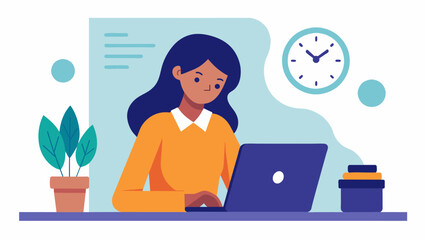 A woman working on a project deeply focused suddenly takes a break and becomes aware of the time passing by..