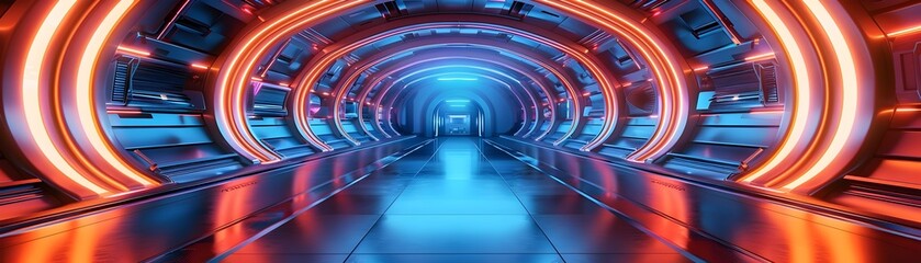 Radiant Futuristic Tunnel with Curving Architectural Design and Vibrant Neon Lighting