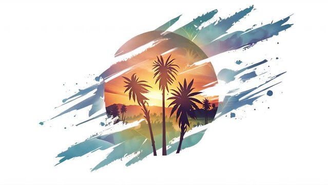 Illustrated video logo of palm trees with Marijuana style leaves on a beach over the ocean at sunset in a circular cutout logo.. Logo for Californian cannabis products company.