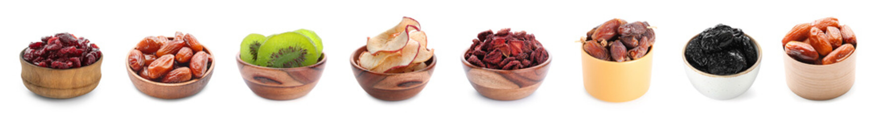 Set of different dried fruits on white background