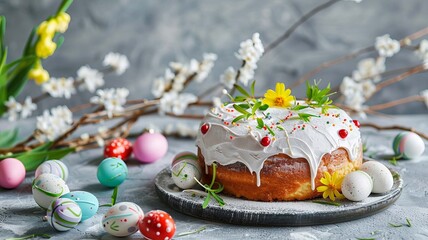 Obraz premium Easter cake and bright eggs on a festive Easter table, Generative AI,