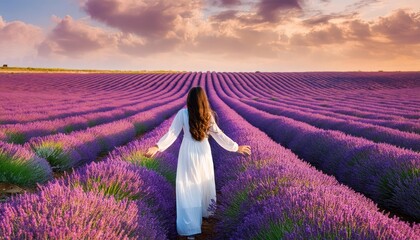  Lavender field girl. Rear view of happy girl in white dress running through a lilac lavender