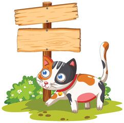 Colorful cat beside a blank wooden sign in grass.