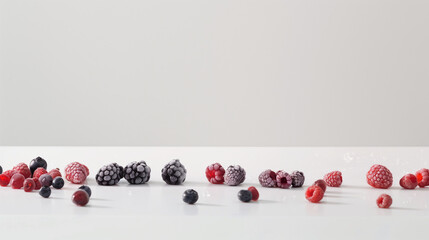 An elegant presentation of frozen strawberries, raspberries, and blackberries on a clean white surface. Minimalist layout for a food card.